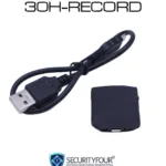 Mini registratore spia 30H-RECORD con cavo USB per ricarica e trasferimento file WAV su computer.