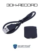 Mini registratore spia 30H-RECORD con cavo USB per ricarica e trasferimento file WAV su computer.