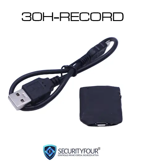Mini registratore spia 30H-RECORD con cavo USB per ricarica e trasferimento file WAV su computer.