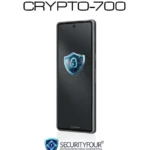 Smartphone criptato professionale CRYPTO-700 di Security Four con scudo di protezione digitale e lucchetto sullo schermo.