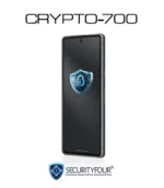 Smartphone criptato professionale CRYPTO-700 di Security Four con scudo di protezione digitale e lucchetto sullo schermo.