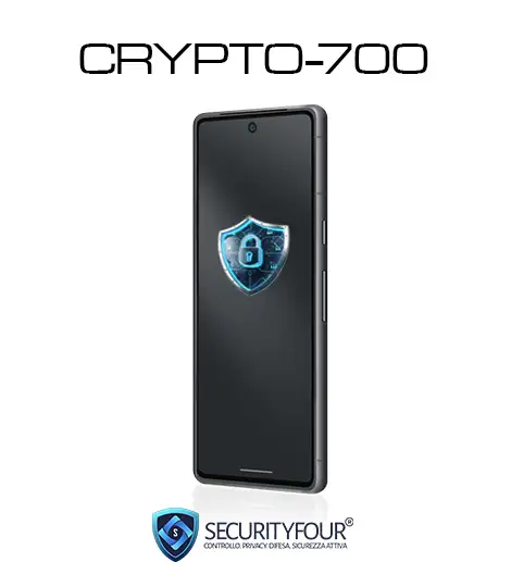 Smartphone criptato professionale CRYPTO-700 di Security Four con scudo di protezione digitale e lucchetto sullo schermo.