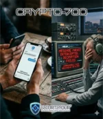 Confronto tra chat sicura su smartphone CRYPTO-700 e monitor di un hacker che mostra un tentativo fallito di decriptazione dei dati.
