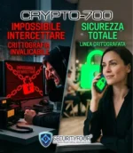 Rappresentazione di una linea crittografata con sicurezza totale: lo smartphone CRYPTO-700 mostra il messaggio "intercettazione impossibile" mentre un terminale esterno visualizza l'errore di una crittografia invalicabile