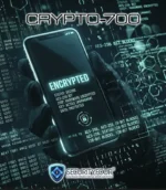 Primo piano dello schermo CRYPTO-700 che mostra lo stato "Encrypted" con dettagli su crittografia AES-256 e protezione hardware dei dati.