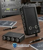 Jammer audio direzionale AUDIOJAM-DESK posizionato su una scrivania in legno accanto a un modulo ultrasonico per la protezione della privacy
