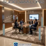Quattro professionisti seduti in una sala riunioni moderna protetta dal sistema AudioJam-Long di Security Four. L'immagine mostra quattro colonne di sicurezza acustica posizionate a una distanza di 4-5 metri l'una dall'altra per creare un perimetro di protezione contro lo spionaggio vocale.