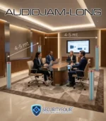 Quattro professionisti seduti in una sala riunioni moderna protetta dal sistema AudioJam-Long di Security Four. L'immagine mostra quattro colonne di sicurezza acustica posizionate a una distanza di 4-5 metri l'una dall'altra per creare un perimetro di protezione contro lo spionaggio vocale.