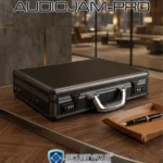 Jammer audio professionale AUDIOJAM-PRO integrato in una valigetta elegante su una scrivania da ufficio, progettato per la protezione delle conversazioni
