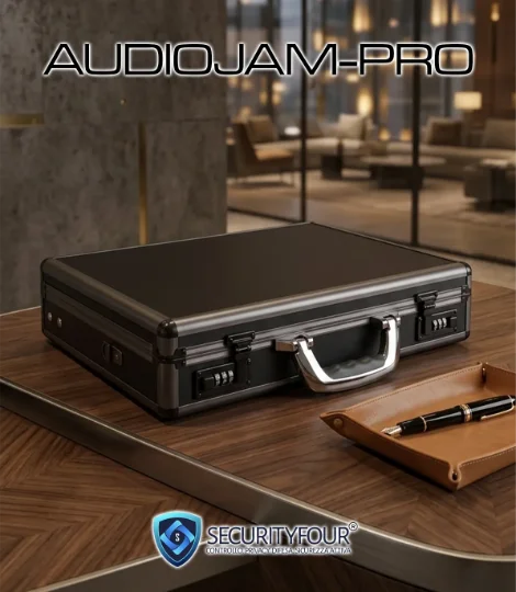 Jammer audio professionale AUDIOJAM-PRO integrato in una valigetta elegante su una scrivania da ufficio, progettato per la protezione delle conversazioni