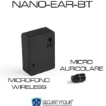 Vista dei componenti del kit NANO-EAR-BT che include il micro auricolare invisibile e il microfono wireless