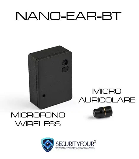 Vista dei componenti del kit NANO-EAR-BT che include il micro auricolare invisibile e il microfono wireless