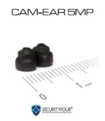 Coppia di micro auricolari invisibili induttivi mostrati accanto a un righello per evidenziarne le dimensioni ultra-compatte.