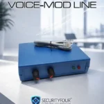 Vista frontale del dispositivo cambiavoce hardware VOICE-MOD LINE per telefoni fissi con manopole di regolazione timbro.