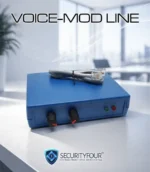 Vista frontale del dispositivo cambiavoce hardware VOICE-MOD LINE per telefoni fissi con manopole di regolazione timbro.
