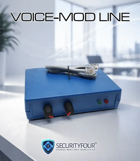 Vista frontale del dispositivo cambiavoce hardware VOICE-MOD LINE per telefoni fissi con manopole di regolazione timbro.