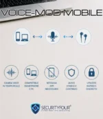Infografica delle caratteristiche di VOICE-MOD MOBILE: cambio voce in tempo reale, compatibilità smartphone/PC, nessuna app richiesta e 48 ore di autonomia