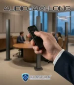 Mano che utilizza il telecomando per attivare il sistema di protezione audio AUDIOJAM-LONG in una sala riunioni professionale con colonne di disturbo sullo sfondo