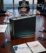 Rappresentazione grafica dell'emissione ultrasonica di AUDIOJAM-PRO che interferisce con i microfoni degli smartphone durante una riunione riservata