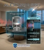 Infografica tecnica che mostra come AUDIOJAM-360 satura il diaframma di un microfono con onde ultrasoniche per rendere le registrazioni audio inutilizzabili.