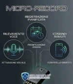 Schema delle funzionalità tecniche del Micro-Record: attivazione vocale (VOX), registrazione pianificata oraria e gestione tramite comandi remoti per operazioni investigative