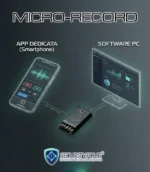 Illustrazione della gestione dei dati criptati del Micro-Record tramite l'app dedicata Security Four per smartphone e il software PC per il download sicuro dei file audio