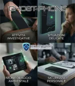 Uno smartphone GhostPhone su una scrivania che mantiene aspetto e comportamento normale nonostante la tecnologia investigativa interna