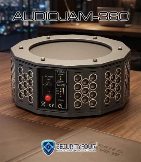 Vista ravvicinata del jammer audio omnidirezionale AUDIOJAM-360 su un tavolo, con dettaglio dei trasduttori a ultrasuoni e del pannello di stato batteria e accensione.