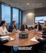 Un gruppo di professionisti seduti attorno a un tavolo da conferenza durante una riunione aziendale. Al centro del tavolo è posizionato il jammer a ultrasuoni AudioJam-360 a 360 gradi di Security Four, progettato per la protezione contro intercettazioni audio e la difesa della privacy in ufficio.
