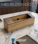 Dispositivo MIC-BLOCK DOCK in legno posizionato su un tavolo da riunione in marmo per la protezione automatica delle conversazioni