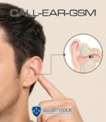 Schema tecnico che mostra l'inserimento dell'auricolare CALL-EAR-GSM all'interno dell'orecchio per essere invisibile frontalmente.