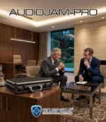 Due professionisti impegnati in un incontro riservato protetto dal sistema AUDIOJAM-PRO posizionato discretamente nell'ambiente