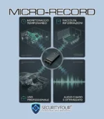 Infografica del registratore Micro-Record che mostra scenari d'uso come il monitoraggio in ufficio, la raccolta informazioni in sale riunioni e l'uso professionale in auto per un audio chiaro e ottimizzato
