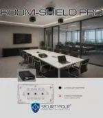 Diagramma di installazione del sistema ROOM-SHIELD PRO in una sala riunioni con diffusori audio a soffitto e sonde piezoceramiche per la protezione delle pareti