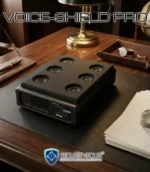 Il dispositivo VOICE-SHIELD PRO posizionato su una scrivania elegante, ideale per proteggere riunioni aziendali e trattative riservate da microfoni laser e spie