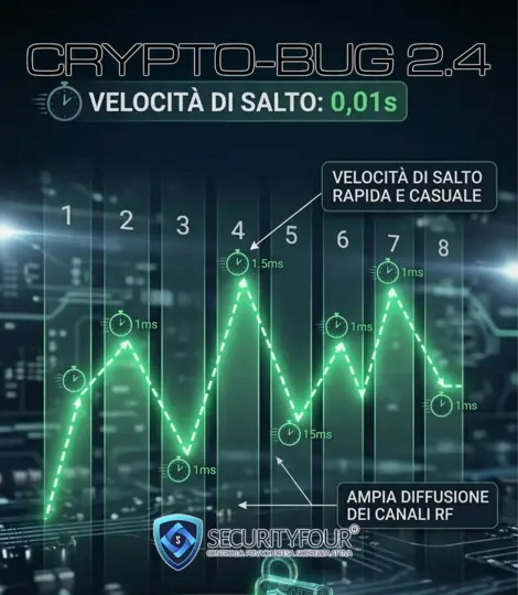 Grafico della tecnologia frequency hopping con velocità di salto di 0,01s e ampia diffusione dei canali RF per la microspia CRYPTO-BUG 2.4GHz