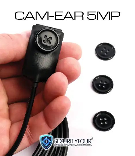 Telecamera a bottone da 5 megapixel per il kit CAM-EAR con lenti a forma di bottone per un occultamento perfetto.