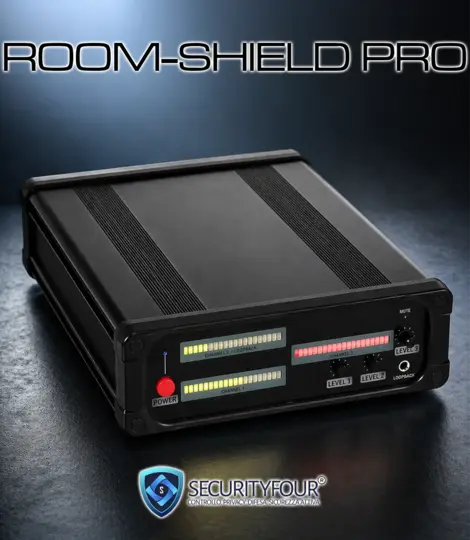 Vista frontale dell'unità centrale ROOM-SHIELD PRO, sistema professionale per il mascheramento audio ambientale e la protezione contro le intercettazioni