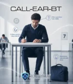 Uomo che indossa la collana induttiva CALL-EAR-BT sotto i vestiti e il micro auricolare invisibile mentre lo smartphone è nascosto in una borsa