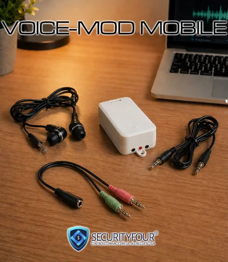 Dispositivo hardware VOICE-MOD MOBILE con cavi adattatori jack e auricolari professionali per cambiare voce su smartphone e PC.