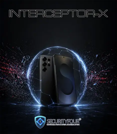 Smartphone SecurityFour INTERCEPTOR-X protetto da uno scudo digitale contro spyware, codice malevolo e intercettazioni
