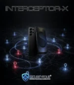 Smartphone INTERCEPTOR-X su mappa digitale con avvisi di tracciamento e protezione della posizione tramite location spoofing