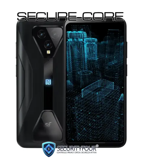 Design dello smartphone anti hacker SECURE-CORE con vista frontale e posteriore del dispositivo e logo Security Four